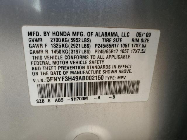 5FNYF3H49AB002150 - 2010 HONDA PILOT EX SILVER photo 12