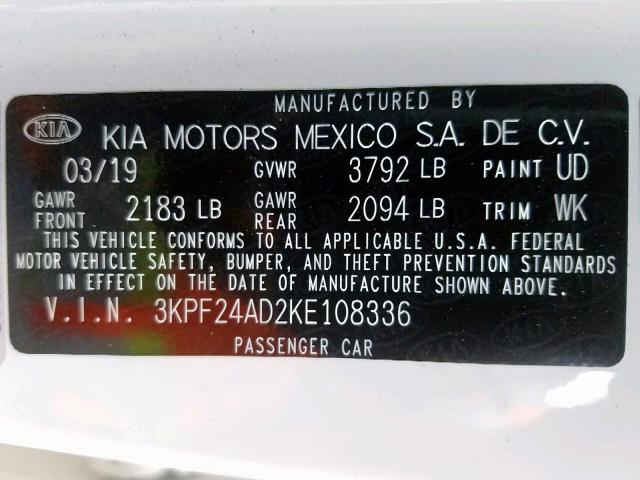 3KPF24AD2KE108336 - 2019 KIA FORTE FE  photo 10