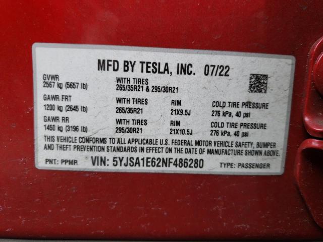 5YJSA1E62NF486280 - 2022 TESLA MODEL S წითელი ფოტო 13