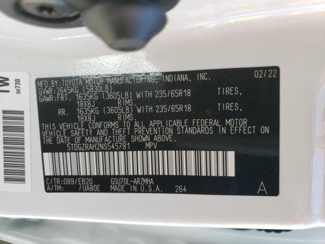 5TDGZRAH2NS545781 - 2022 TOYOTA HIGHLANDER XLE WHITE photo 14