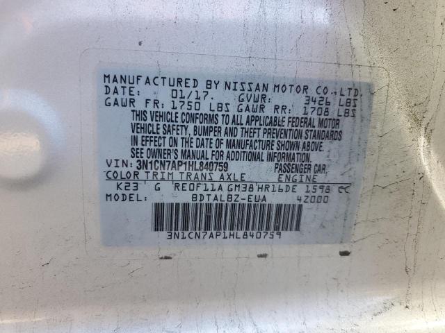 3N1CN7AP1HL840759 - 2017 NISSAN VERSA S SILVER photo 12