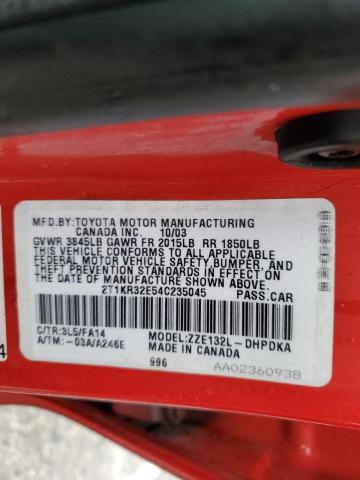 2T1KR32E54C235045 - 2004 TOYOTA COROLLA MA XR RED photo 12