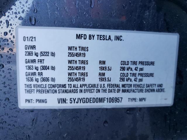 5YJYGDED0MF106957 - 2021 TESLA MODEL Y GRAY photo 12