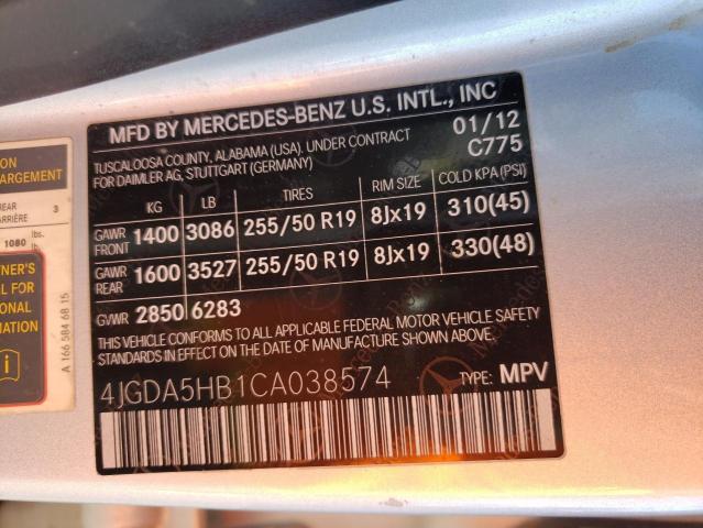 4JGDA5HB1CA038574 - 2012 MERCEDES-BENZ ML 350 4MATIC SILVER photo 13