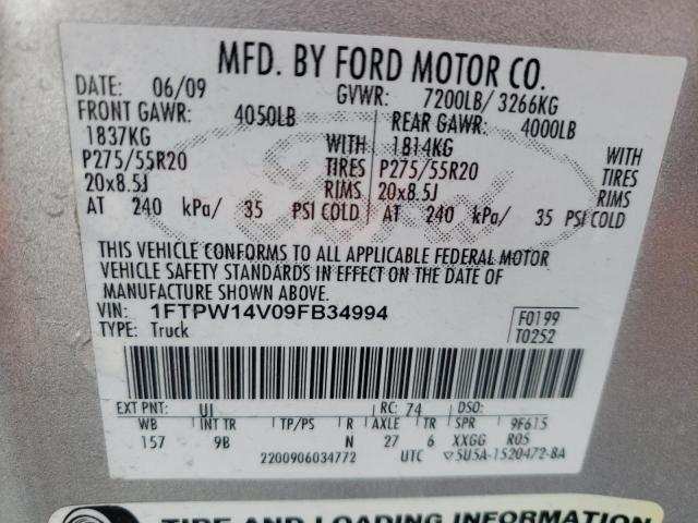 1FTPW14V09FB34994 - 2009 FORD F150 SUPERCREW SILVER photo 12