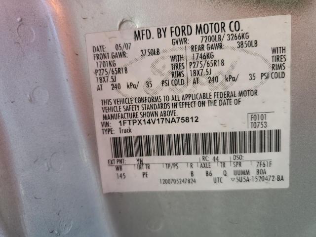 1FTPX14V17NA75812 - 2007 FORD F150 SILVER photo 12