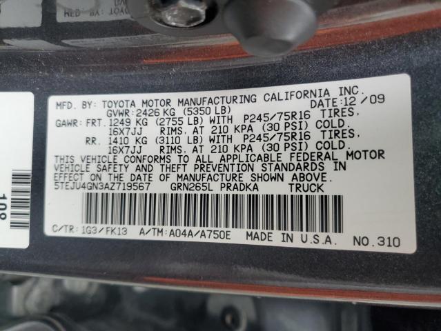 5TEJU4GN3AZ719567 - 2010 TOYOTA TACOMA DOUBLE CAB PRERUNNER CHARCOAL photo 12