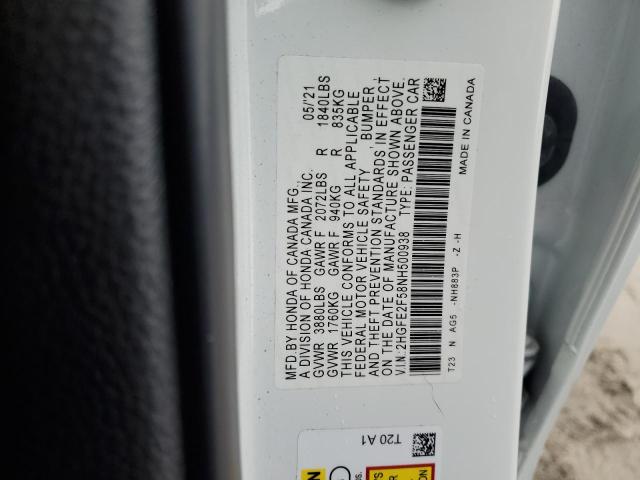 2HGFE2F58NH500938 - 2022 HONDA CIVIC SPORT 白色 照片 12