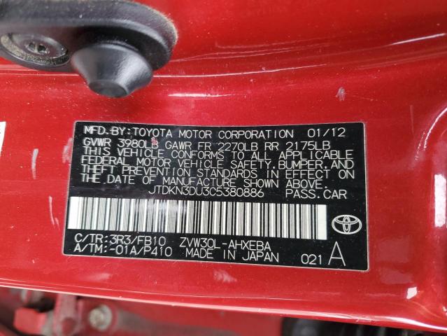 JTDKN3DU3C5380886 - 2012 TOYOTA PRIUS Կարմիր լուսանկար 12