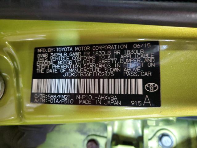 JTDKDTB36F1102475 - 2015 TOYOTA PRIUS C GREEN photo 12