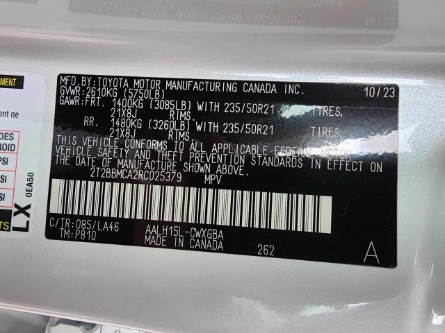 2T2BBMCA2RC025379 - 2024 LEXUS RX L 350H BASE WHITE photo 10