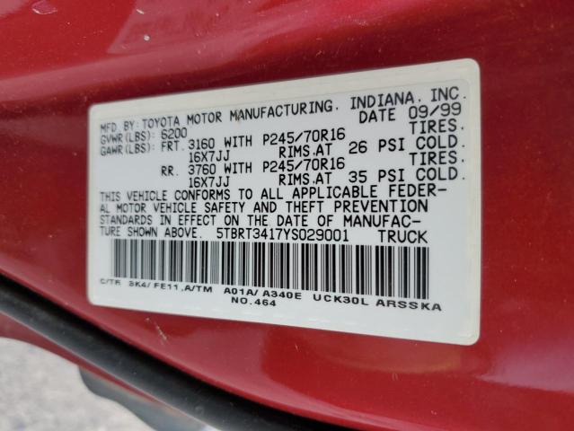 5TBRT3417YS029001 - 2000 TOYOTA TUNDRA ACCESS CAB 栗色 照片 12