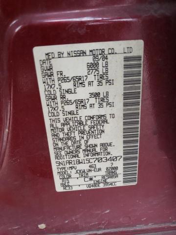 5N1AR18W15C703407 - 2005 NISSAN PATHFINDER LE 栗色 照片 12