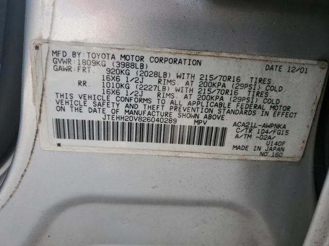 JTEHH20V826040289 - 2002 TOYOTA RAV4 SILVER photo 12