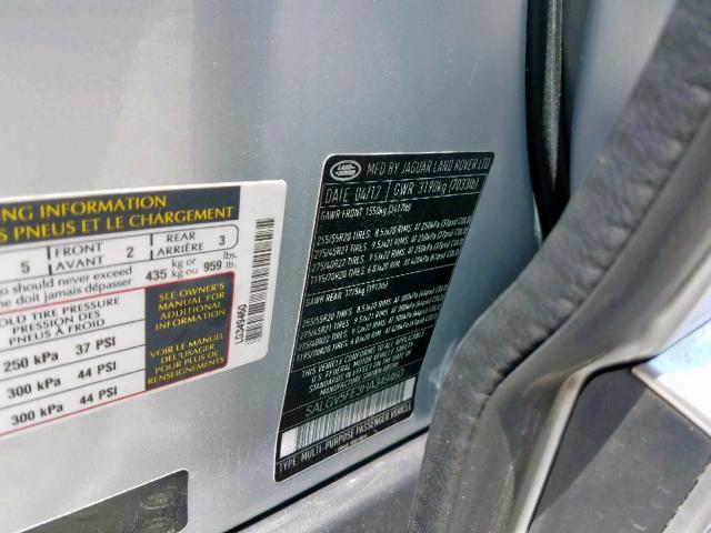 SALGV5FE3HA349460 - 2017 LAND ROVER RANGE ROVE AUTOBIOGRAPHY SILVER photo 10