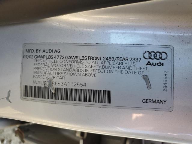 WAULT68E53A112554 - 2003 AUDI A4 3.0 QUATTRO SILVER photo 12