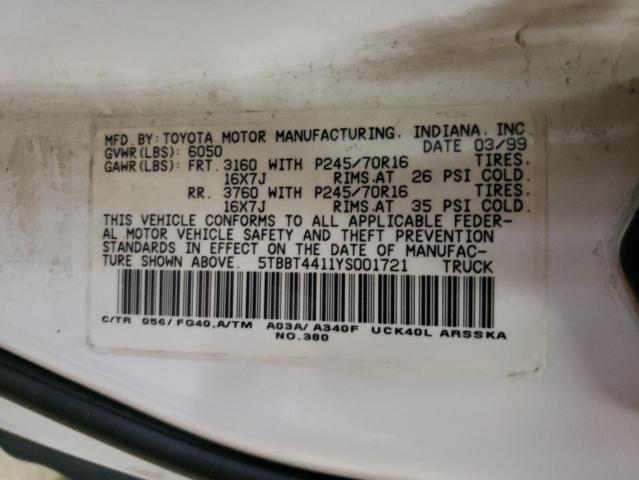 5TBBT4411YS001721 - 2000 TOYOTA TUNDRA ACCESS CAB 白色 照片 12