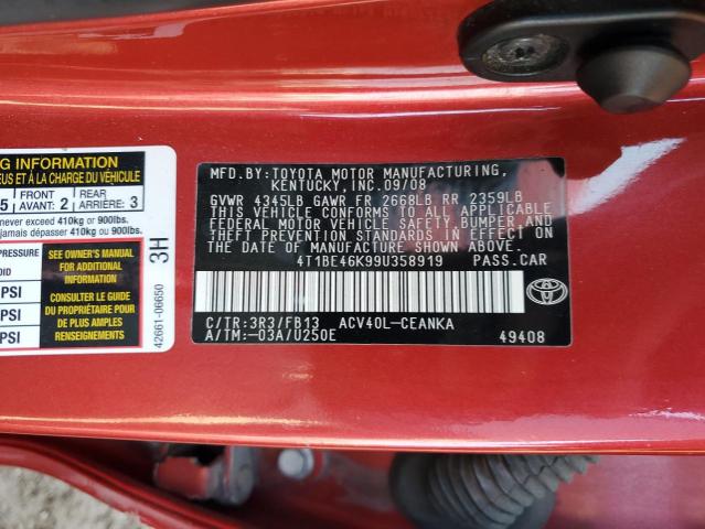 4T1BE46K99U358919 - 2009 TOYOTA CAMRY BASE RED photo 12