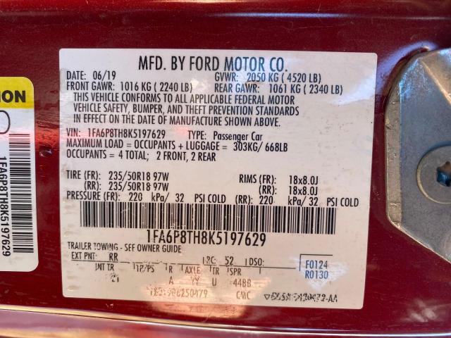 1FA6P8TH8K5197629 - 2019 FORD MUSTANG RED photo 10
