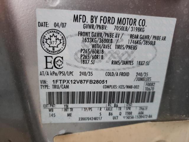 1FTPX12V87FB28051 - 2007 FORD F150 SILVER photo 12