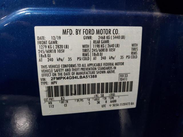 2FMPK4G94LBA51388 - 2020 FORD EDGE SE BLUE photo 12