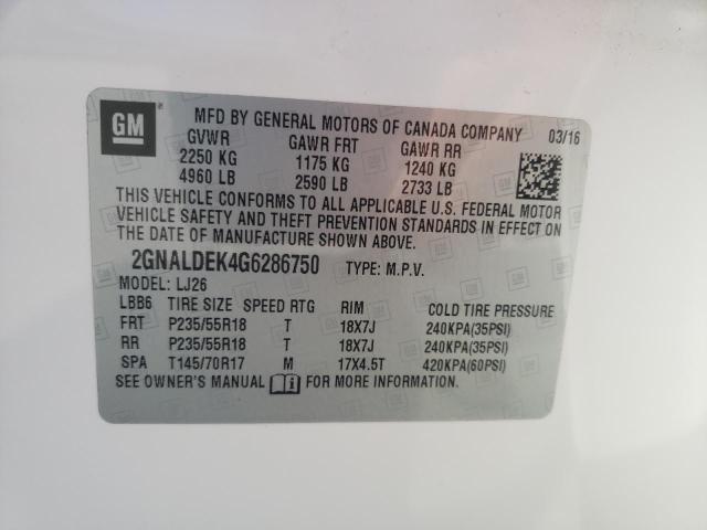 2GNALDEK4G6286750 - 2016 CHEVROLET EQUINOX LTZ WHITE photo 12