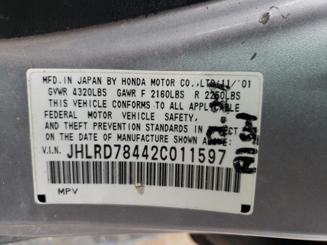 JHLRD78442C011597 - 2002 HONDA CR-V LX SILVER photo 12