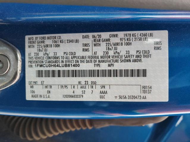 1FMCU0H64LUB81400 - 2020 FORD ESCAPE SEL BLUE photo 14