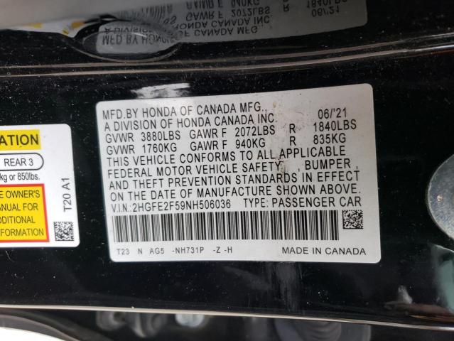 2HGFE2F59NH506036 - 2022 HONDA CIVIC SPORT BLACK photo 13