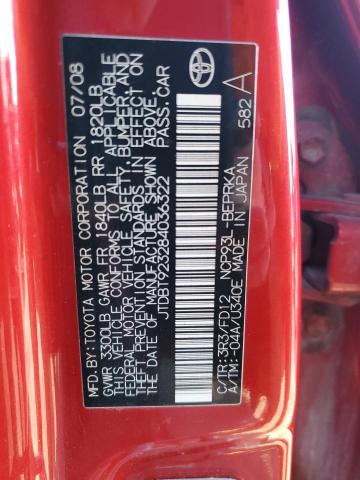 JTDBT923284036322 - 2008 TOYOTA YARIS RED photo 12