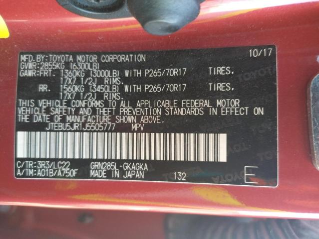 JTEBU5JR1J5505777 - 2018 TOYOTA 4RUNNER SR5/SR5 PREMIUM 红色 照片 12