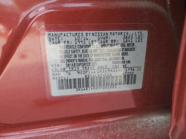 3N1AB7AP2HY221221 - 2017 NISSAN SENTRA S RED photo 12