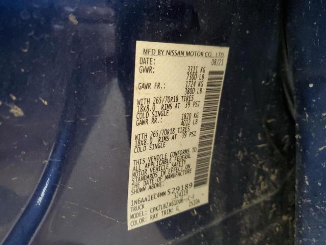 1N6AA1EC4MN529189 - 2021 NISSAN TITAN S BLUE photo 12