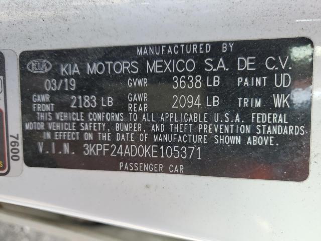 3KPF24AD0KE105371 - 2019 KIA FORTE FE WHITE photo 12