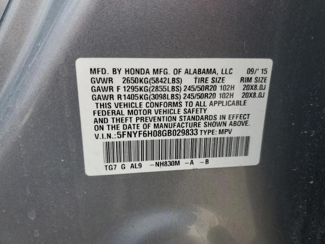 5FNYF6H08GB029833 - 2016 HONDA PILOT ELITE SILVER photo 12