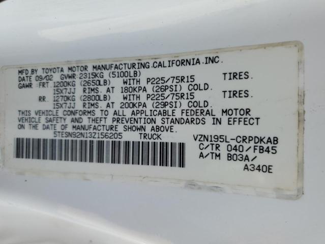 5TESN92N13Z156205 - 2003 TOYOTA TACOMA XTRACAB PRERUNNER თეთრი ფოტო 13