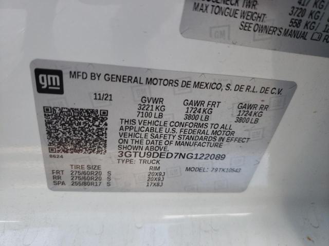 3GTU9DED7NG122089 - 2022 GMC SIERRA LIM K1500 SLT WHITE photo 12