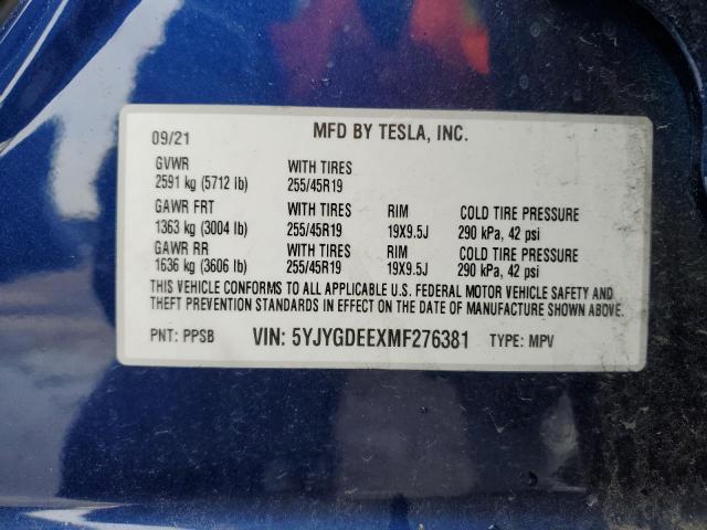 5YJYGDEEXMF276381 - 2021 TESLA MODEL Y BLUE photo 13