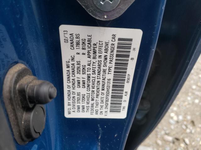 2HGFB2F95DH531316 - 2013 HONDA CIVIC EXL ლურჯი ფოტო 12