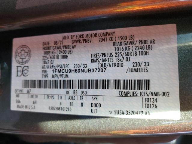 1FMCU9H60NUB37207 - 2022 FORD ESCAPE SEL CHARCOAL photo 13