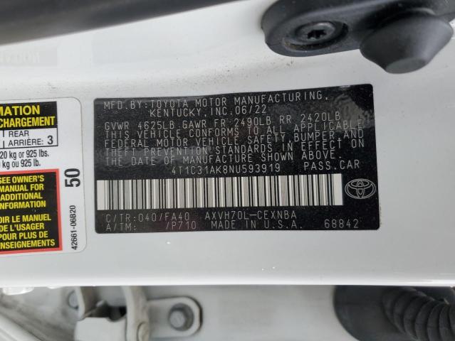 4T1C31AK8NU593919 - 2022 TOYOTA CAMRY LE WHITE photo 13