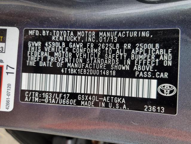 4T1BK1EB2DU014818 - 2013 TOYOTA AVALON BASE GRAY photo 13