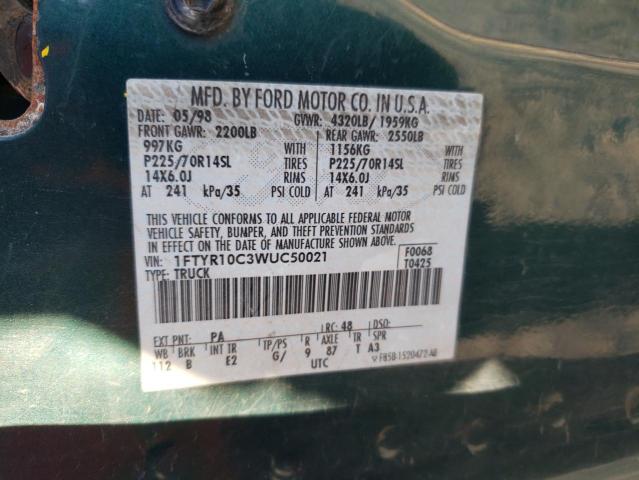 1FTYR10C3WUC50021 - 1998 FORD RANGER GREEN photo 12