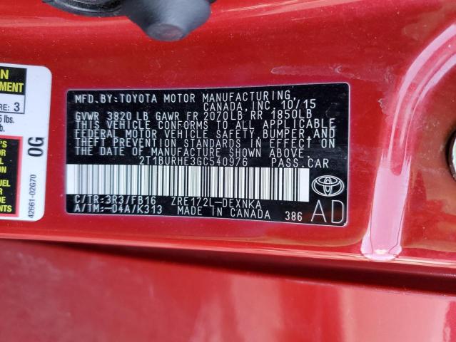 2T1BURHE3GC540976 - 2016 TOYOTA COROLLA L RED photo 12