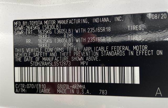 5TDHZRAH5LS512873 - 2020 TOYOTA HIGHLANDER XLE WHITE photo 10