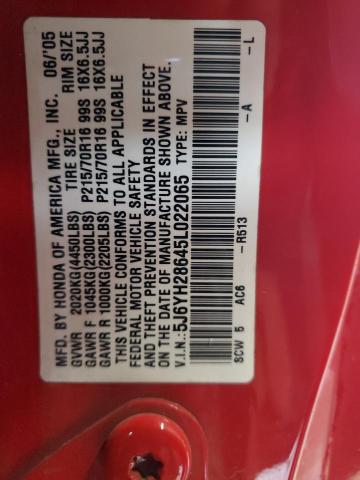 5J6YH28645L022065 - 2005 HONDA ELEMENT EX RED photo 12