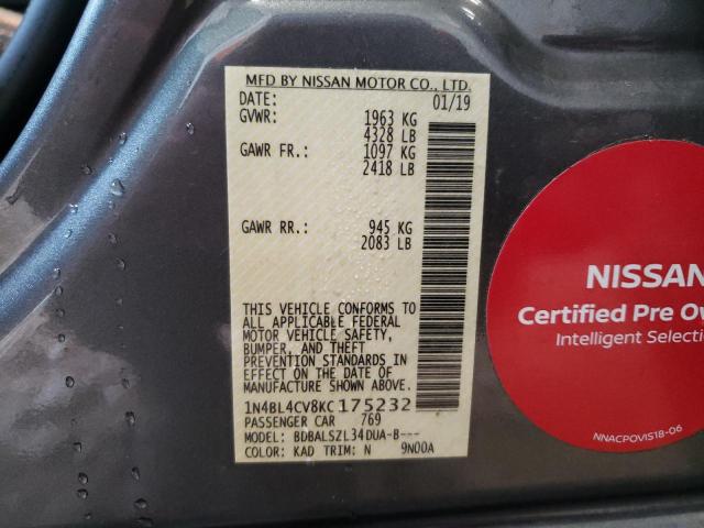 1N4BL4CV8KC175232 - 2019 NISSAN ALTIMA SR GRAY photo 12