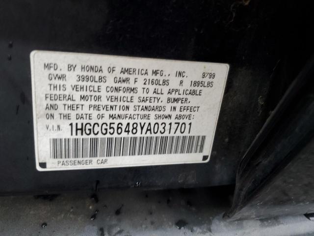 1HGCG5648YA031701 - 2000 HONDA ACCORD LX BLACK photo 12