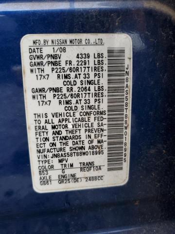 JN8AS58T88W018995 - 2008 NISSAN ROGUE S BLUE photo 12