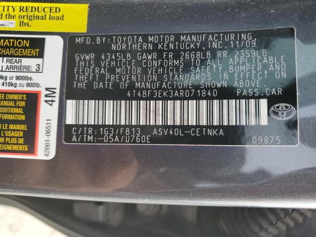 4T4BF3EK3AR071840 - 2010 TOYOTA CAMRY BASE GRAY photo 13